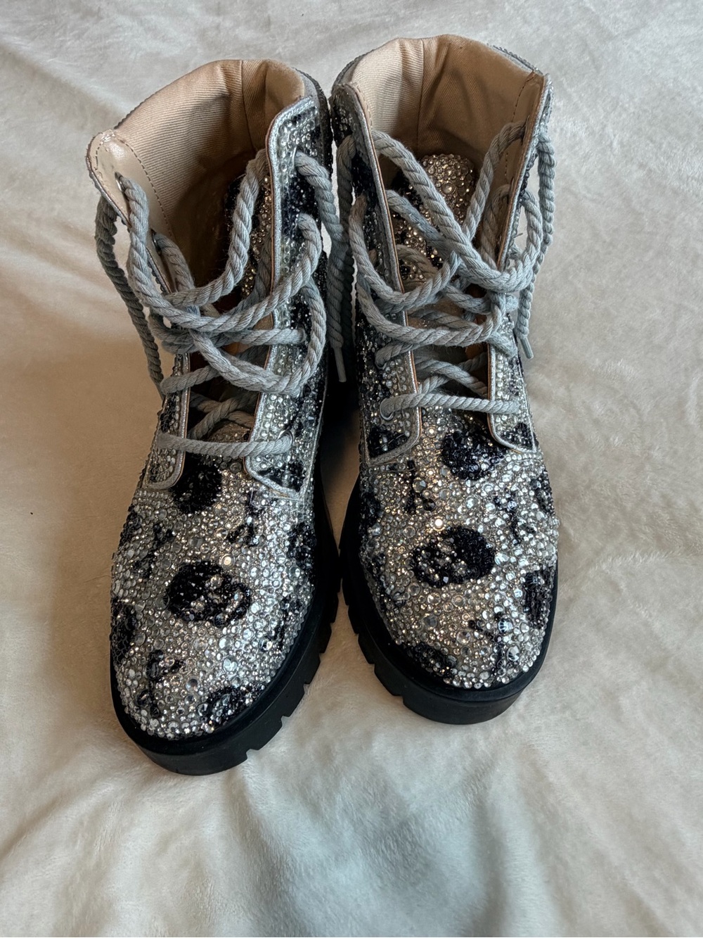 Betsey Johnson Sparkle Skull Lace-Up Boots in Silver and Black